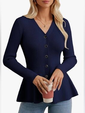Navy Ribbed Peplum Button Front Top